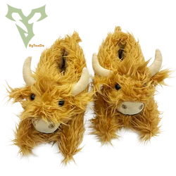 Highland Cattle Slippers Plush Scottish Cow Slippers Brown Fluffy Fur Home Slippers Winter Warm Kawaii Flat Animal Slides Shoes