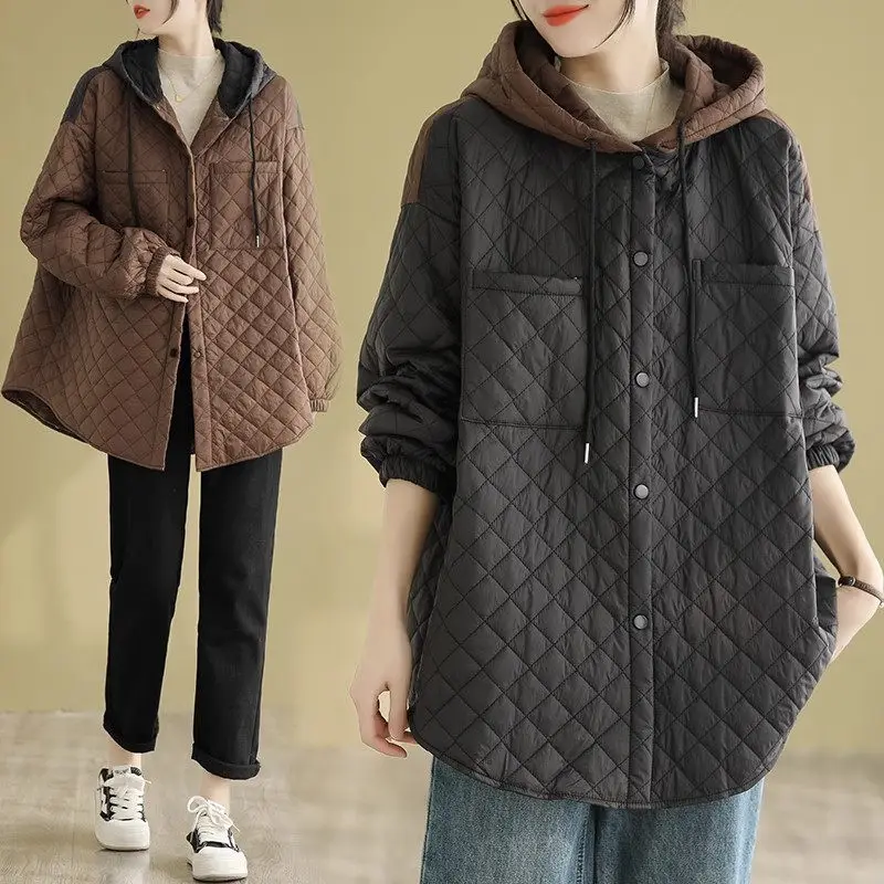 

Hooded Medium Length Cotton Quilted Jacket Women Casual Versatile Loose Korean Contrasting Long Sleeve Autumn Winter Coat Z3454