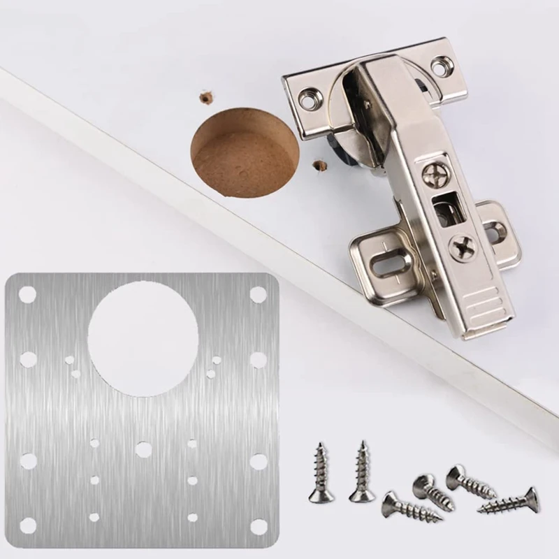Placa de reparación de bisagras de gabinete, herramienta de montaje de reparación de bisagras de puerta de gabinete, placa montada de muebles de acero inoxidable resistente, 8 Uds.