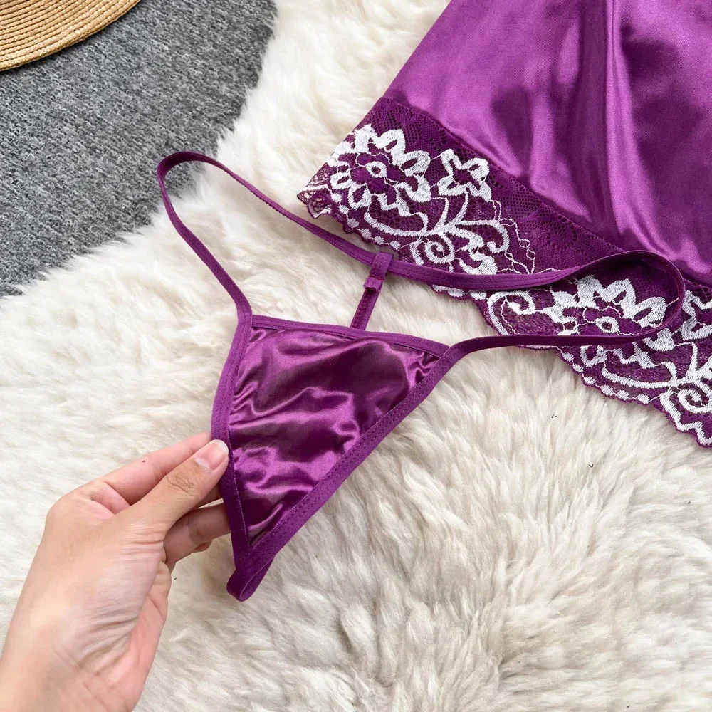 فستان سهرة نسائي مثير بدون أكمام بدون ظهر بيجامات إباحية مزهّرة دانتيل ملابس نوم مثيرة + ثونج من الساتان فساتين شفافة قصيرة