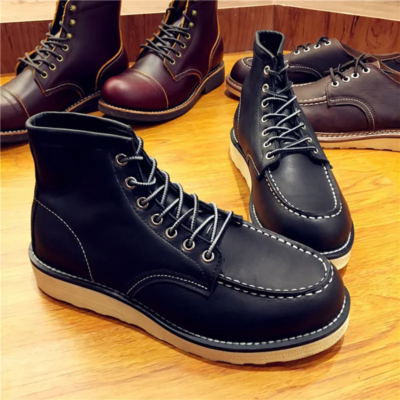 Handmade High Quality Fashion Genuine Leather Men Red Ankle Boots Outdoor Wing Motorcycle Boots Lace-up Work Wedding Boots