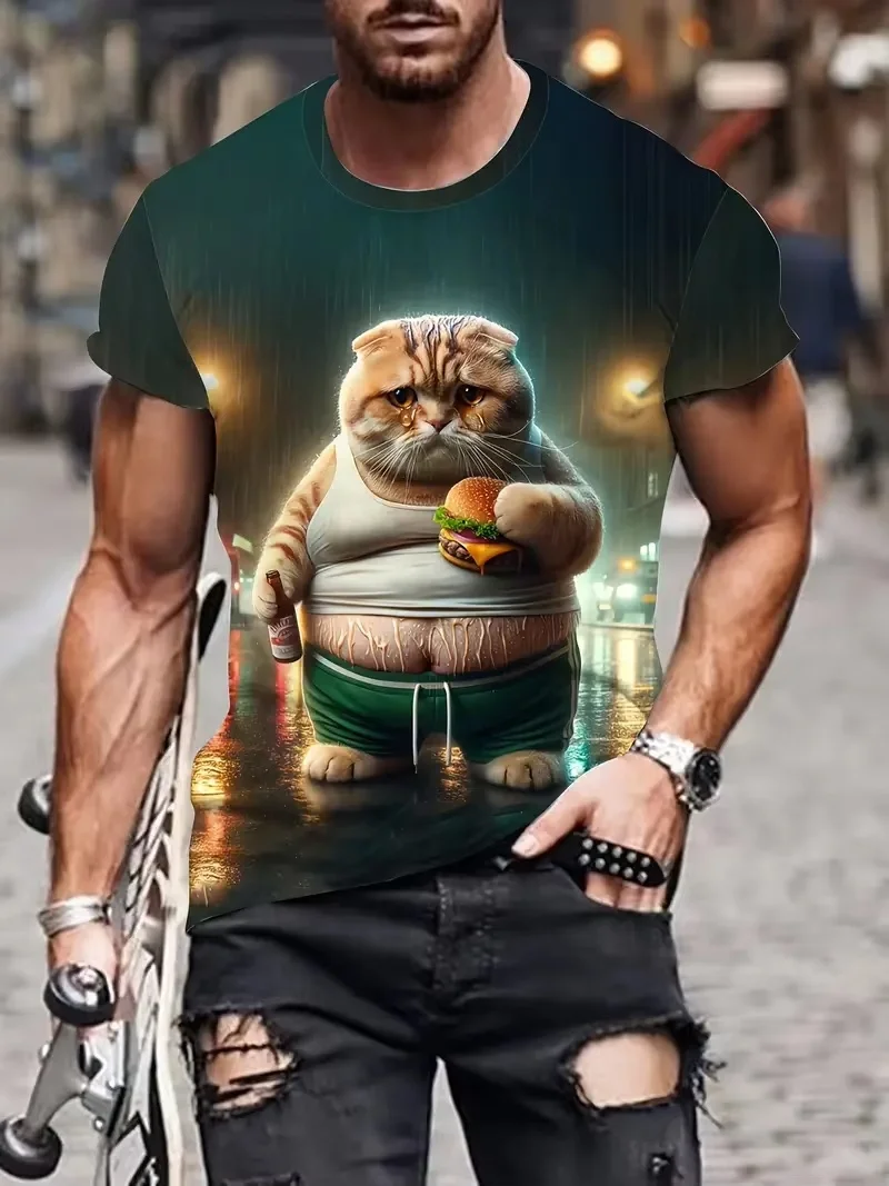 2025 Summer Men Funny Cute Cat 3D Printed Short Sleeve T-Shirt Super Street Headwear T-Shirt Casual Simple Suitable For Children