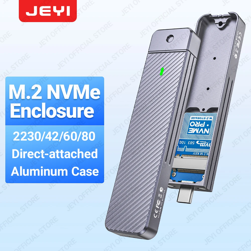 JEYI Gabinete M.2 NVMe de conexão direta, plugue USB-C USB 3.2 10 Gbps em linha de alumínio 2242 2280 SSD Case com capa protetora magnética