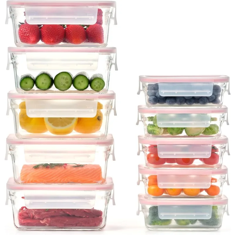 10-pack Glass Pre-dinner Set (13 Oz and 34 Oz) - 100% Airtight and Leak Proof, Dishwasher Safe, BPA-free Lid, Refrigerator To