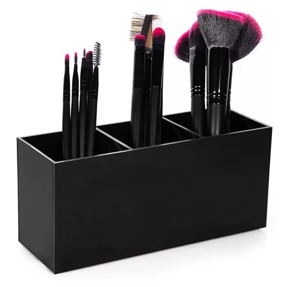 

Makeup Brush Storage Box 3 Grids Transparent Holder Canister Black Acrylic Case For Brushes Eyebrow Pencil Small Items