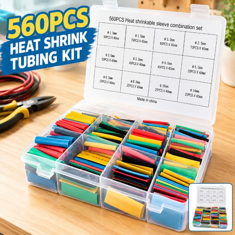 560Pcs Colorful Heat Shrink Tubing Kit High Temperature Resistant Insulation Electrical Cable Wire Protection Sleeve Set