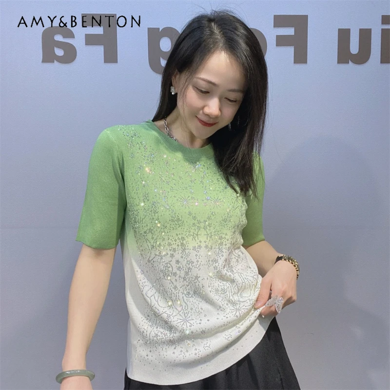 

Rhinestone-embellished Ice Silk Short-sleeves Top Tees For Women's New Summer Knitted Gradient Color Round-neck Pullover T-shirt