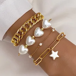 4Pcs/Set Vintage Baroque Love Heart Shape Imitation Pearl Hip Hop Peach Heart Bracelet Set Combination Bracelet Jewelry Gifts