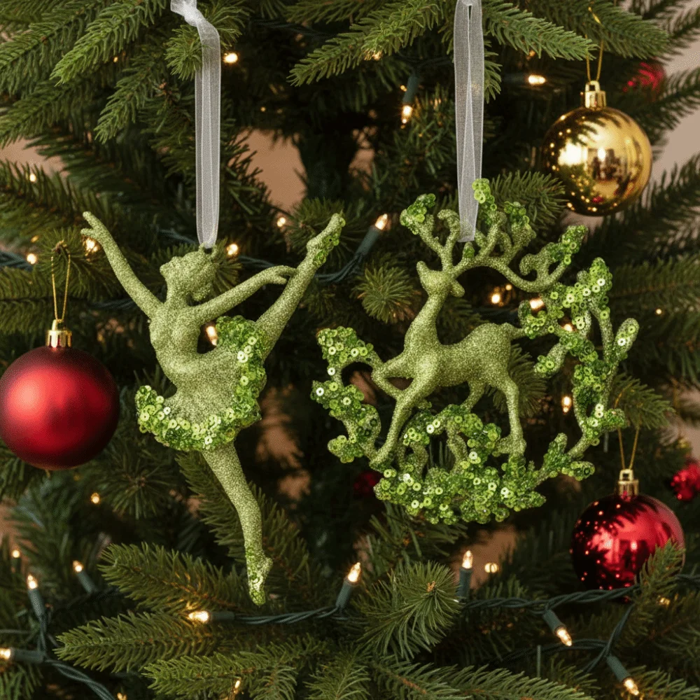 

Green Christmas Tree Pendant Sparkle Powder Gold Sequins Snowflake Elk Ballet Girl Pendants Decorative Christmas Decorations