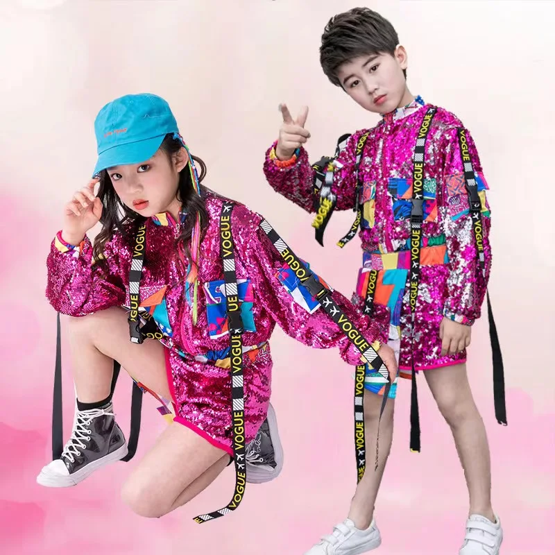 Ropa de baile de Hip Hop para niños y niñas, trajes de baile de Jazz con lentejuelas rosas, estante de baile de salón, trajes de rendimiento de