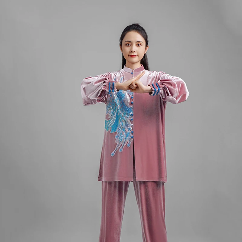 Kun Master Thicken Velvet Taichi Uniform Elegant Winter Martial Arts Suit Embroidery Kung Fu Clothes Taiji for Women