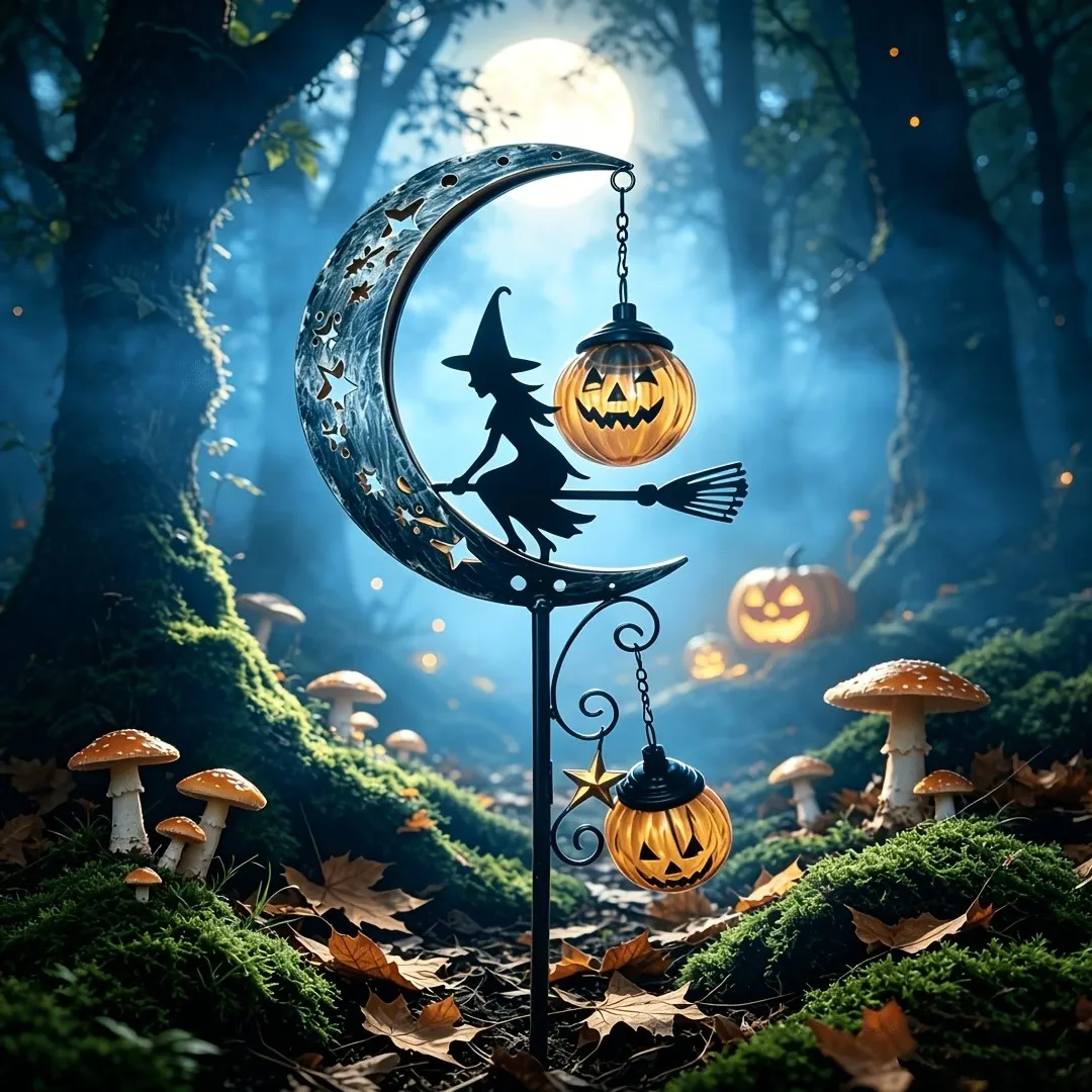 Halloween Witch and Pumpkin Garden Stake, Moon Witch and Hanging Pumpkin (No Light, Non-Illuminating)