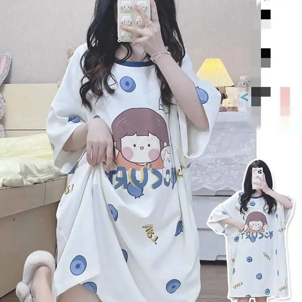 Large size 6XL 150kg Women Summer Sweet Long Nightgowns Short Sleeve Kawaii Cartoon Nightdress Large Size One Piece Pijamas