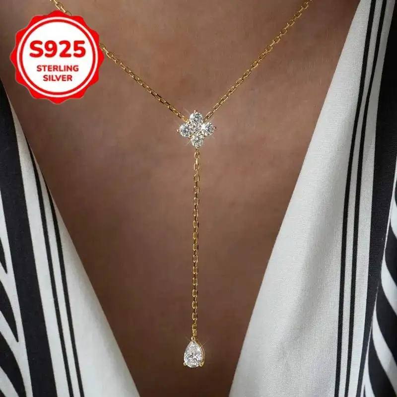 

Женское ожерелье из стерлингового серебра 925 пробы, позолоченное 14 карат четырехлистный клевер, супер блестящий синтетический циркон, Y-образная цепочка на ключицу, элегантная и легкая роскошь, можно многослойная, подходит для праздничного подарка для п