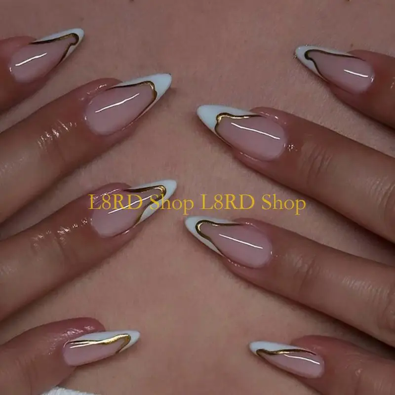 L8RD 1 Set French Tip False Nails Detachable Press On Nails Almond Full Cover on Nails Manicures Supplies for Woman