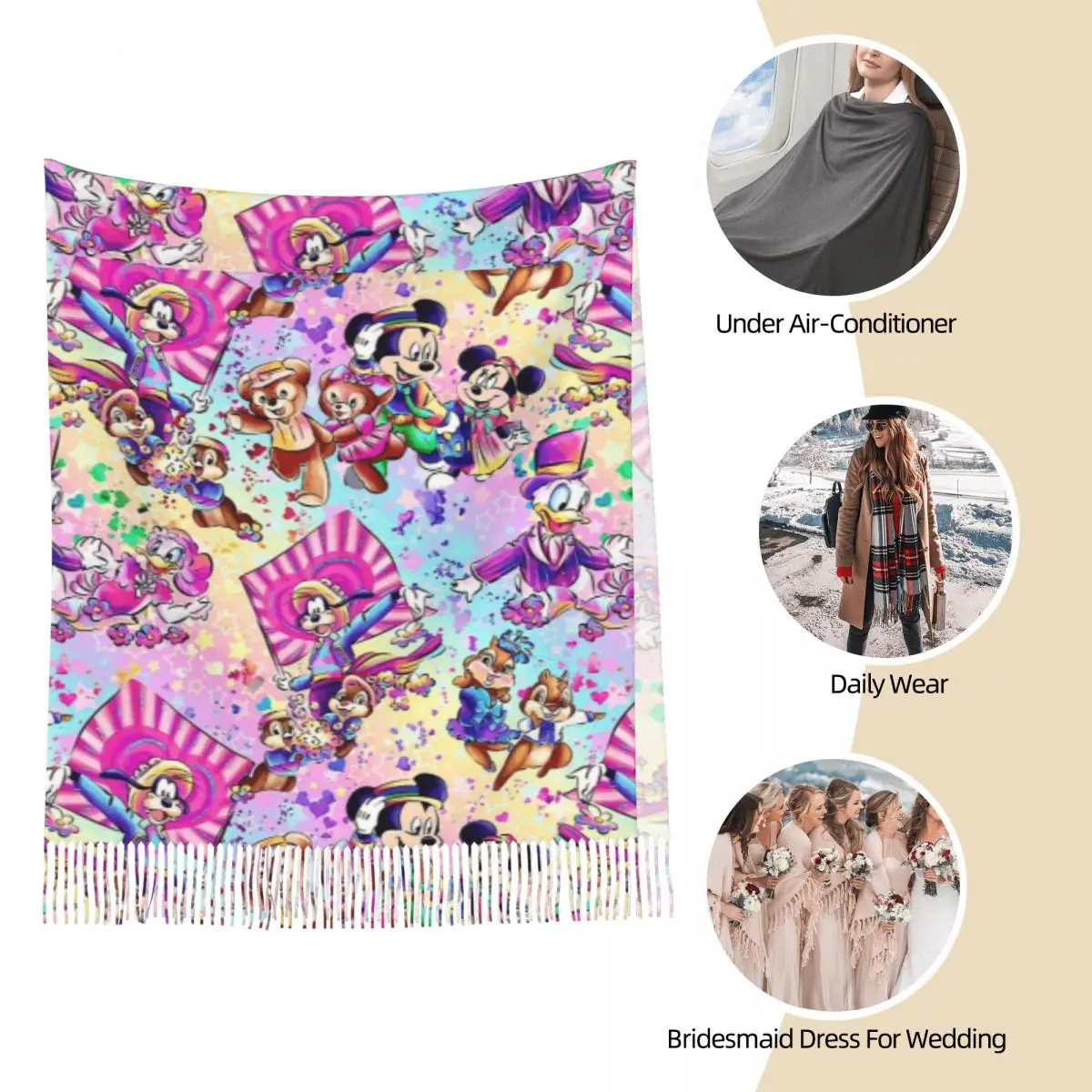 Duffy, Mouse, & Friends Écharpe pour femme automne hiver Pashmina châle enveloppant Mickey Mouse longue grande écharpe châle pour dames