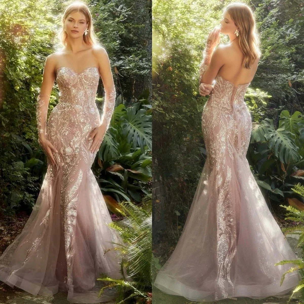 カスタムメイドのシャンパン色のドリーミーでキラキラ輝くブライダルドレス、ウェディングドレス、ブライダルパーティー用、スパンコールとレースアップバック、マーメイドライン、取り外し可能な袖付き