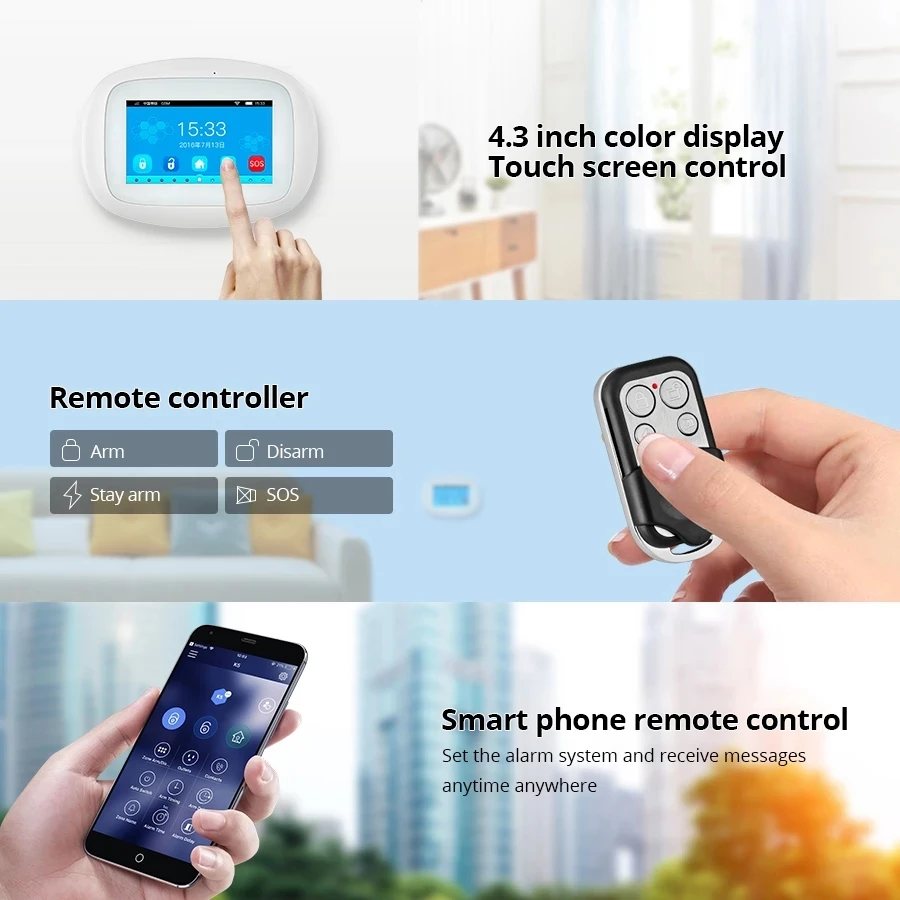 KERUI K52 Smart GSM WIFI Alarm System 4.3 Inch TFT Color Screen Smoke Detector Sensor Motion Sensor Wireless Home Alarm System