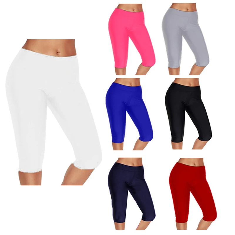 Solid Cycling Mid Waist Leggings Women Athleisure Knee Length Fitness Leggings Summer Ladies Casual Workout Leggings