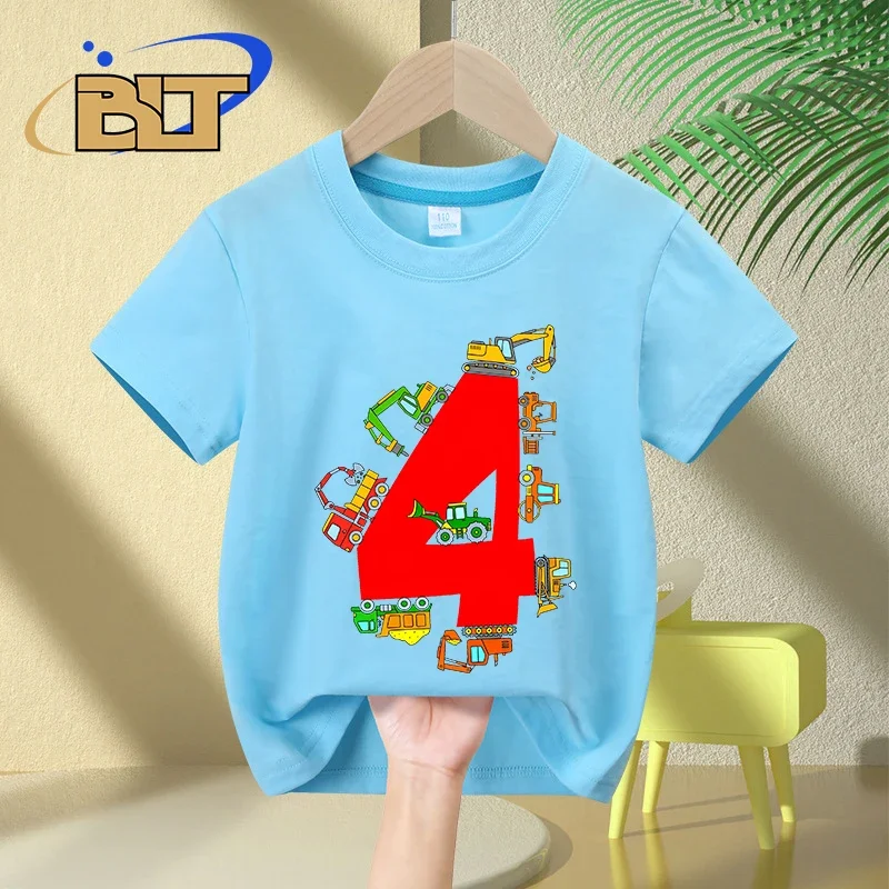 4e Verjaardag T-Shirt Graafmachine Bouwtruck Print Kids Zomer Katoen Korte Mouw Verrassing Cadeau