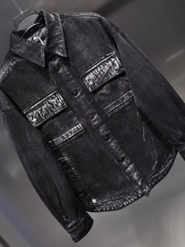 Mens New Winter Down Coat Fashion Single Breasted Denim Coat Loose Fit Warm Turn-Down Collar Casual Outerwear Cargo Short Jacket