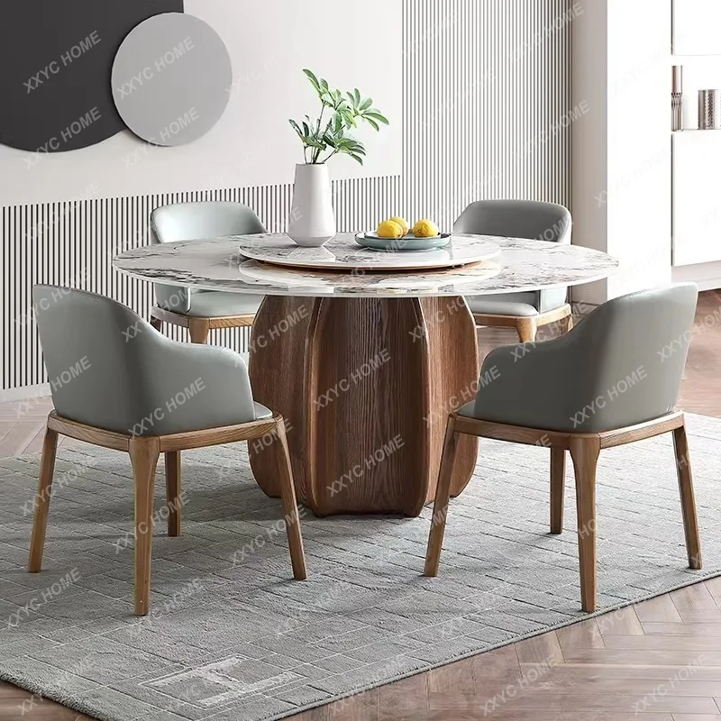 TT  bright luxury stone slate round dining table with turntable household