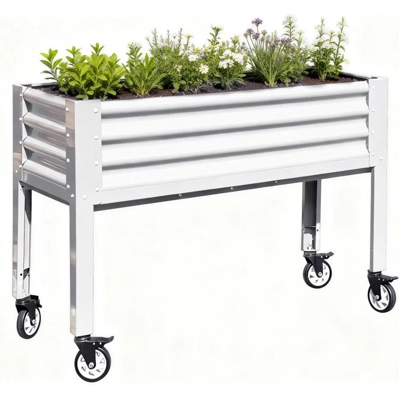 

2026 New：Galvanized Raised Garden Bed, 48x18x35in Elevated Planter Box on Wheels with Drainage Holes B