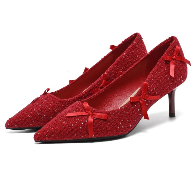 

Red Pointed Toe Bow Decorated High Heels Women Luxury Designer Dress Shoes Elegant Wedding Bridal Shoes Comfortable Women Shoes