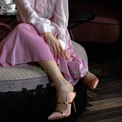 Nude Pink Gold Strap Hollow Mules Elegant Women Heeled Pointy Toe Sexy Pumps Dress Shoes Female Summer Outfit Causal Trend Shoes
