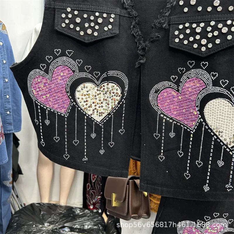 

Heavy Design Women Denim Sets Luxury Beads Love Diamonds V-neck Sleeveless Vests Coat + High Waist Black Wide Leg Straight Jeans
