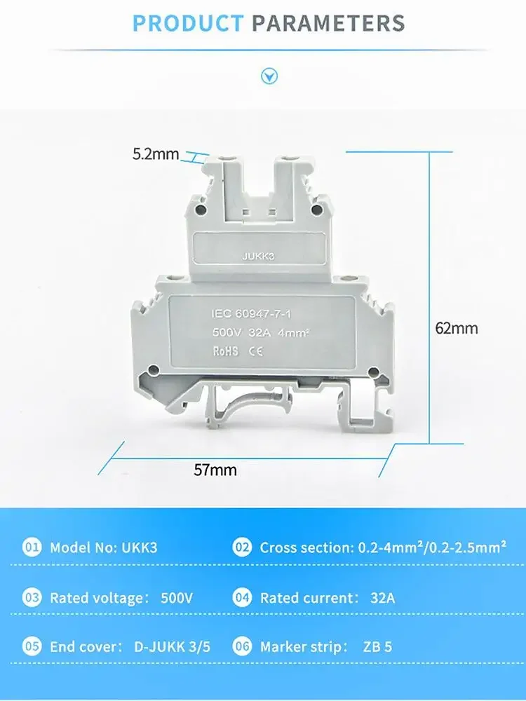 Din Rail Terminal Block UKK-3 Din Rail Mount Screw Connection Electrical Double Levels Wire Conductor 10pcs Distribution Block