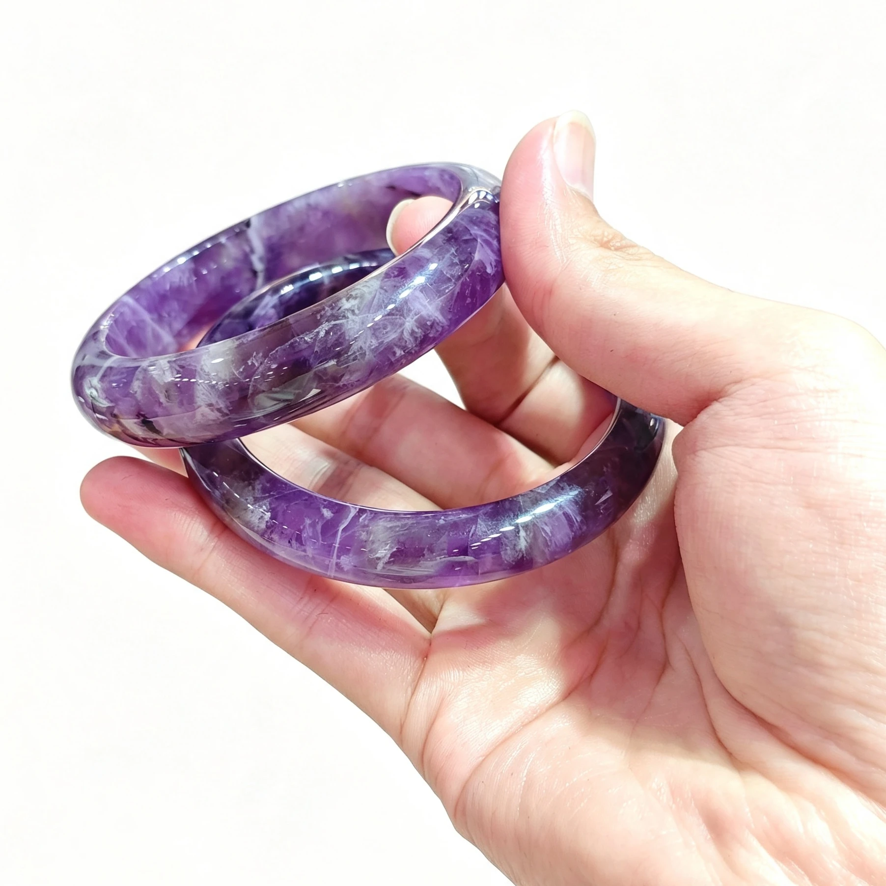 Natural Deep Purple Dream Amethyst Bangle White Feather Pattern Gemstone Bangle Smooth Quartz Crystal Wristband Jewelry