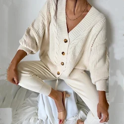 Women Knitting 2-pieces Sweater Suit Flower V-neck Single-Breasted Cardigan + Pants Lady Autumn Winter Sweater Set Femme