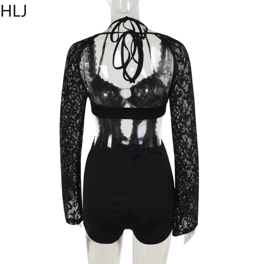 HLJ Black Sexy Lace Hollow Out See Though Bodycon One Piece Rompers Women Long Sleeve Backless Slim Jumpsuits Fashion Overalls