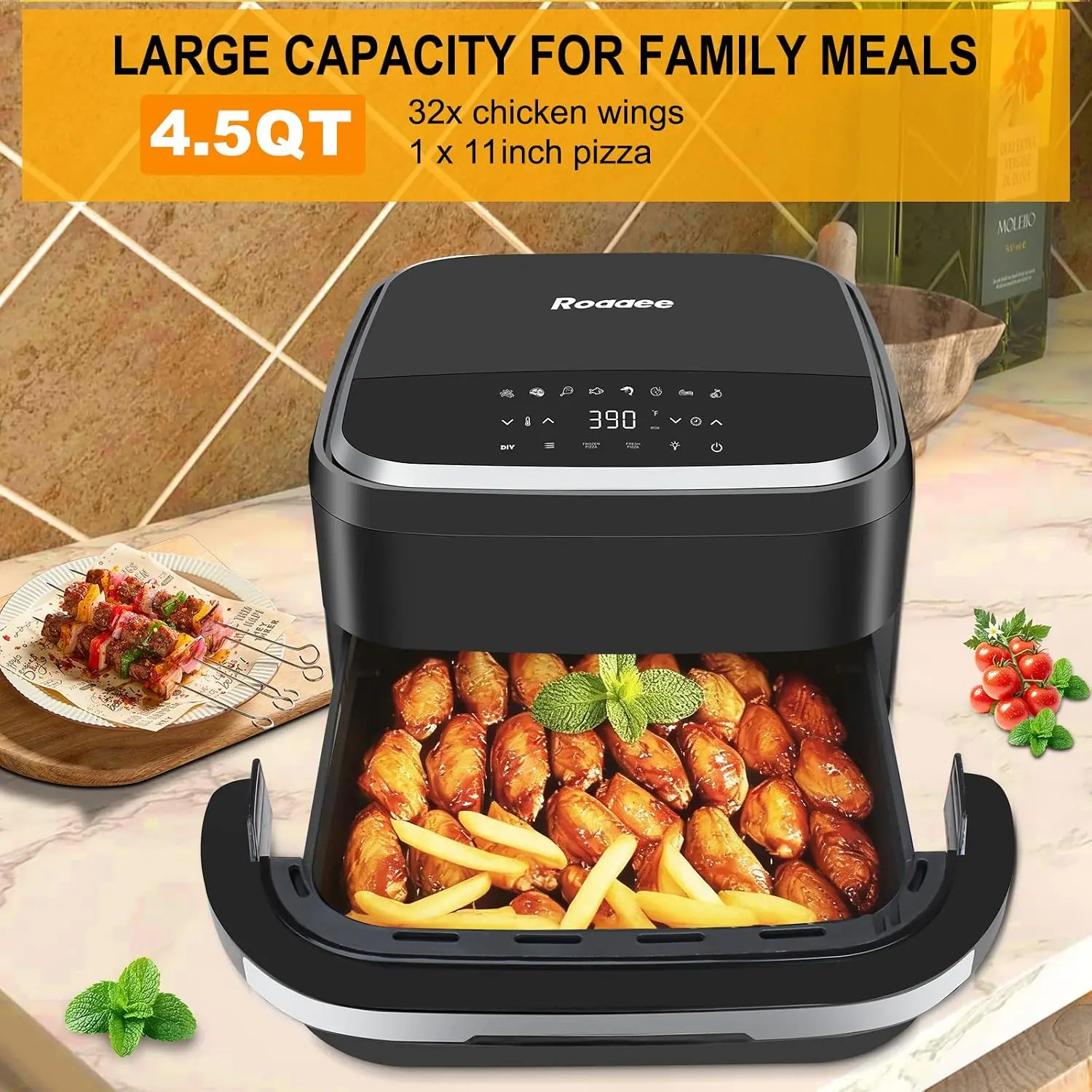 Pizza Oven & Air Fryer, 4.5QT 11-in-1 Flat Airfryer with Superior Top and Bottom Airflow Tech, Digital Display, Large Viewing Wi