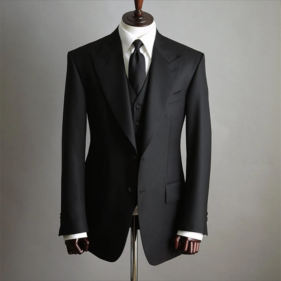 Terno preto clássico dos homens, noivo do casamento, ternos de padrinhos, negócios formais, festa, blazer, colete, calças, 3 peças