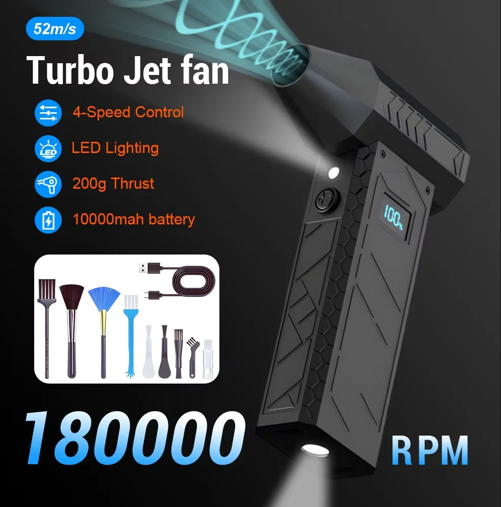 180000 RPM Turbo Jet Fan 2 LED Lighting Battery Level Display Powerful Air Blower 4 Gear Speed Turbo Jet Blower Dust Blowing