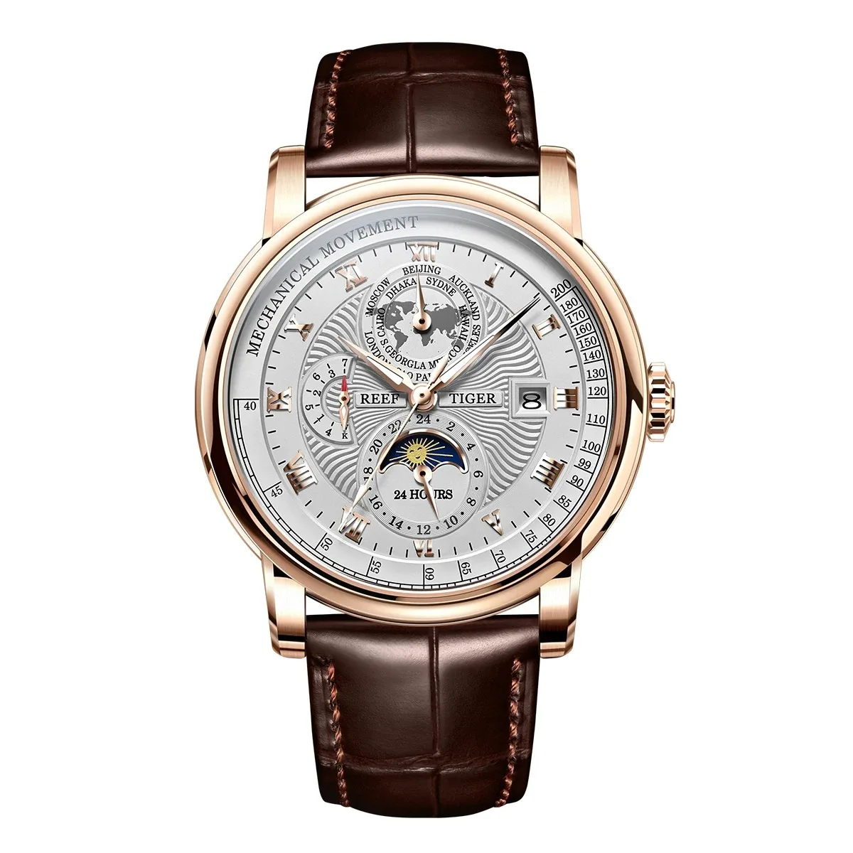 

Мужские автоматические часы Reef Tiger, 42,5 мм, винтажные механические наручные часы, 50 м, водонепроницаемые, с сапфировым стеклом, с несколькими циферблатами, месяца, неделя, дата