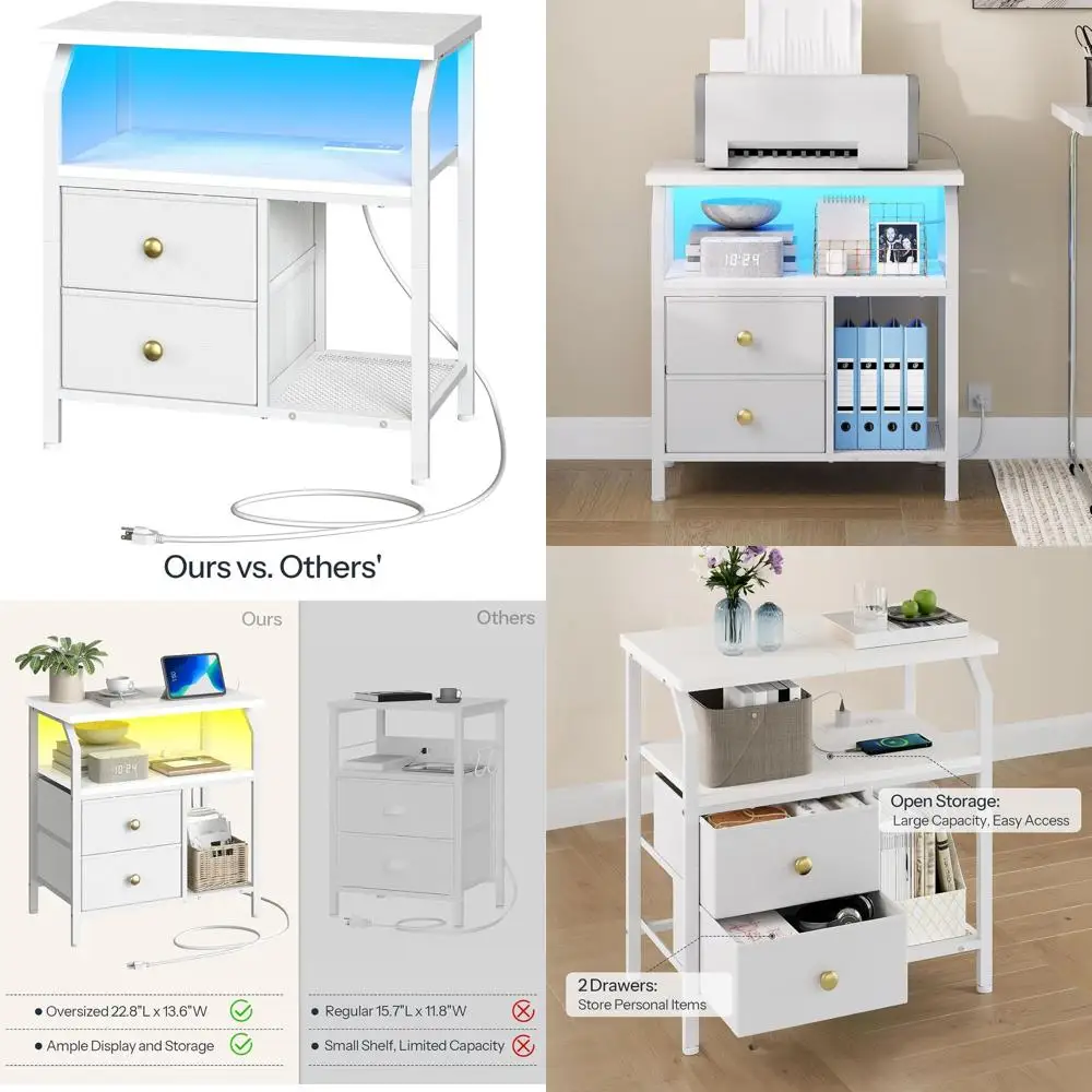 

23 LED-lit Nightstand with Charging Station and Fabric Drawers, White