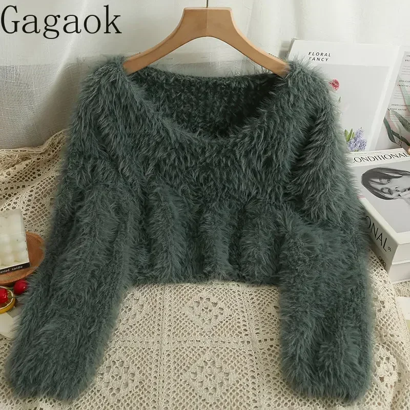 Gagaok suéter mujer Otoño Invierno nuevo suave corto cuello pico sólido suéter de punto ropa informal suelta moda jerseys salvajes