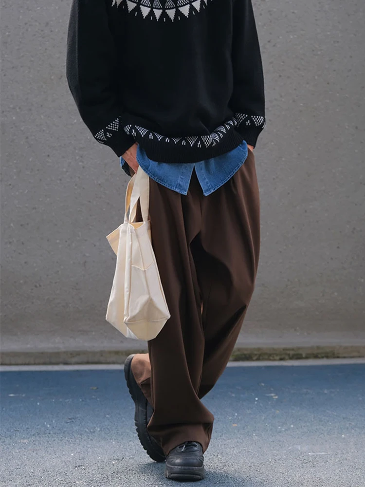 streetwear trendy mens 솔리드 컬러 바지 2025 봄 여름 패션 Pleated Loose Straight Pants 남성 캐주얼 단순 정장 바지