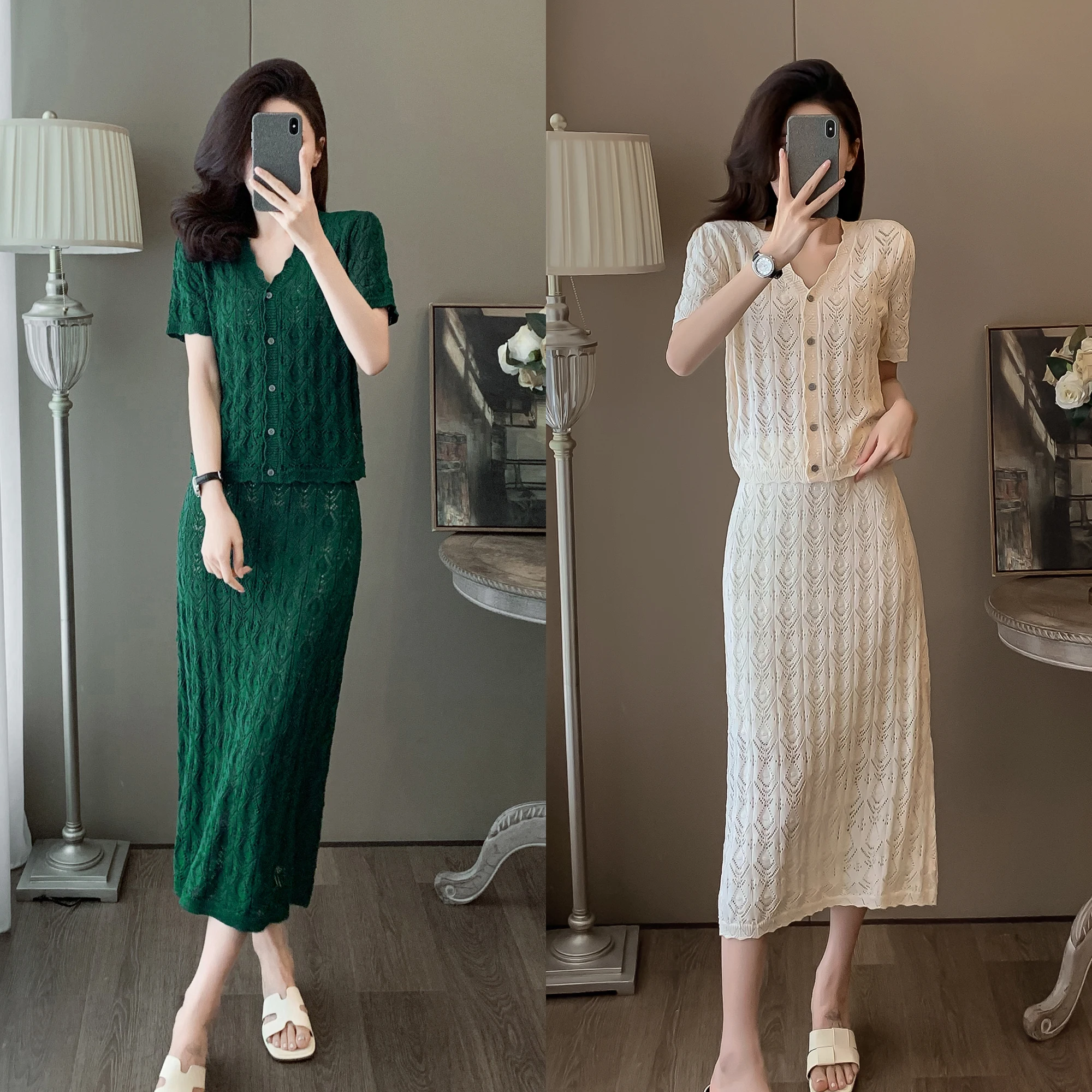 

Elegant Retro Knitted Long Skirt Suit Women Hollow Button Top Maxi Skirts 2025 New Summer Crochet Female 2 Piece Set Outfits