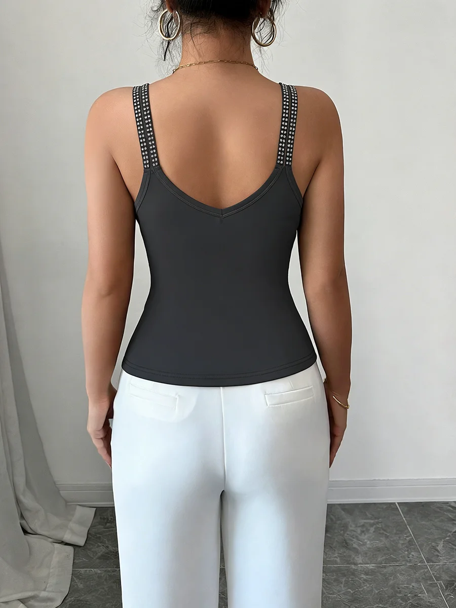 Womens Tank Top Rhinestone V Neck Dual Strap Tank Top Studded Cami Top Fit Casual Chic Apparel Tops Spring Summer Daily Shirts