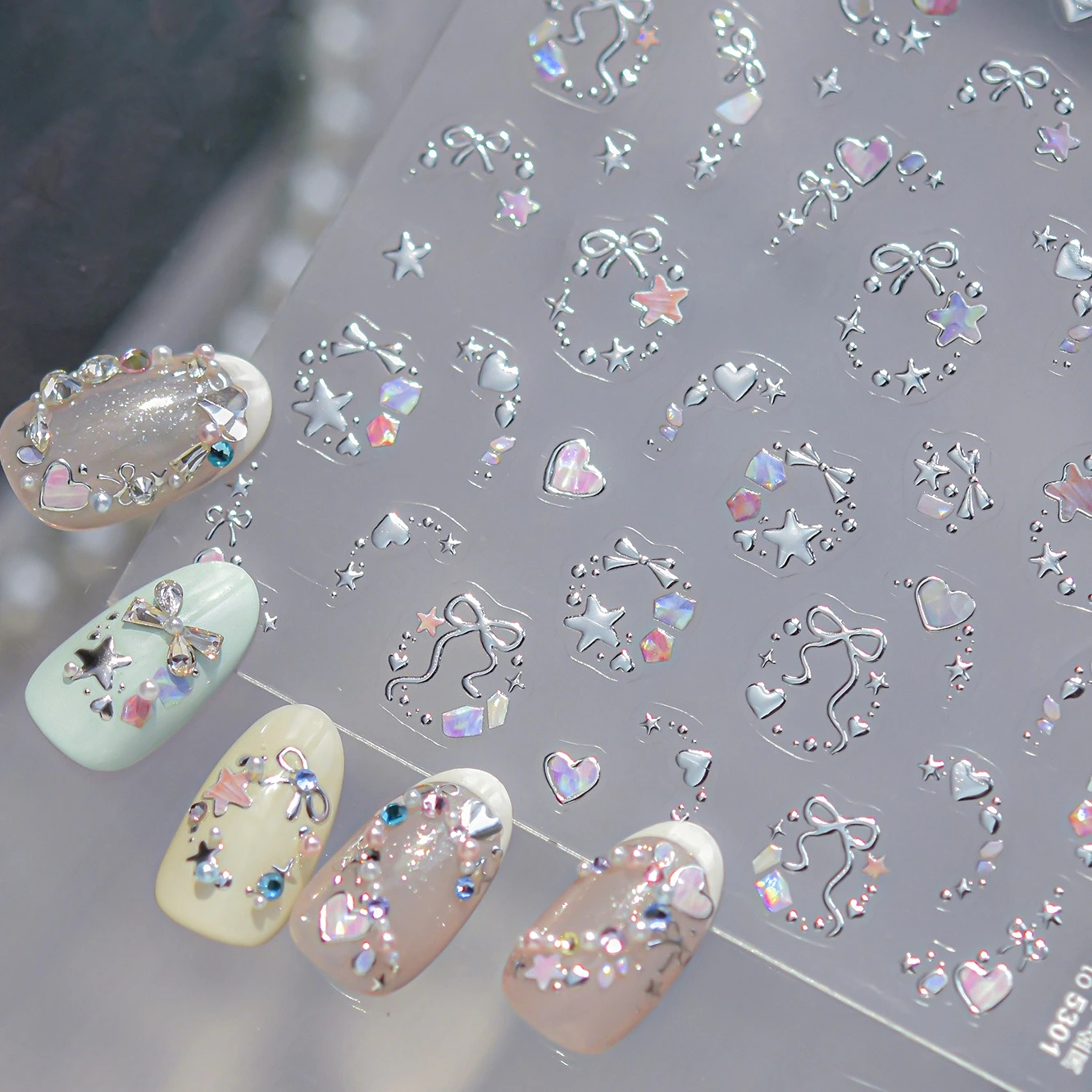 

Silver Flower Garland Bowknot Star Love Heart Dot Round Wreath Mini Pentagram 5D Self Adhesive Nail Art Stickers Manicure Decals