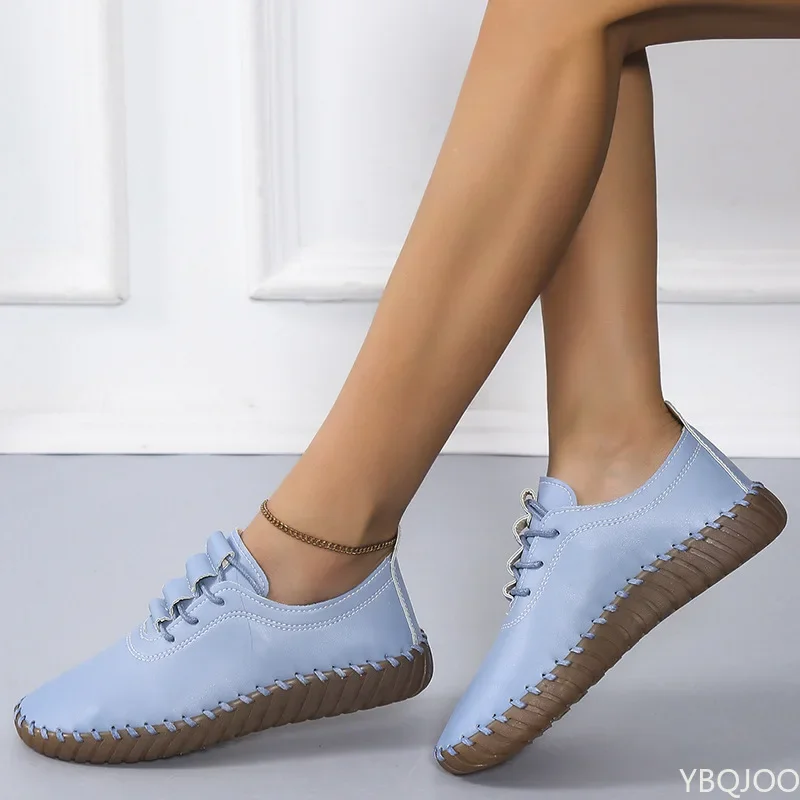 Zapatos planos de primavera para mujer, calzado informal con cordones para uso diario, de cuero genuino, con músculos de vaca, fondo suave, costura hecha a mano, 2022