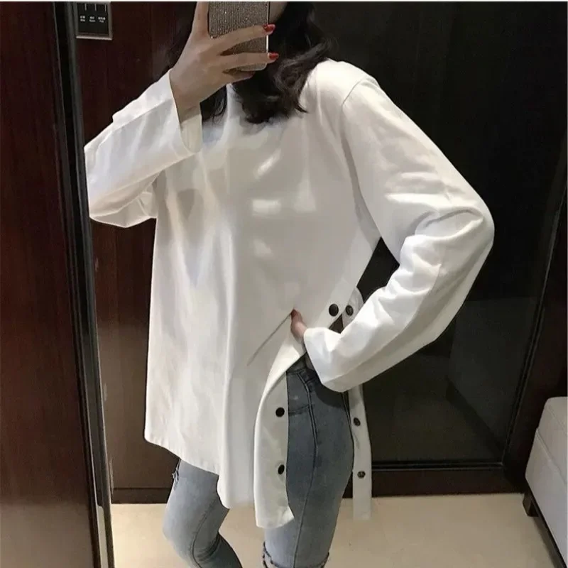 

Women Mid-Length Side Slit Single Breasted Tops Spring Autumn O-Neck Solid Colors Loose Casual Bottoming Shirts Simple T-Shirts