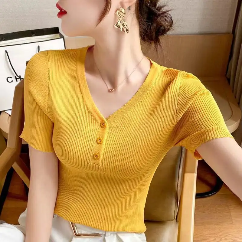 Korean Style Summer New Slim Fit Ice Silk V Neck T-Shirt for Women Short Sleeve Thin Knit Top Base Inner Wear Versatile