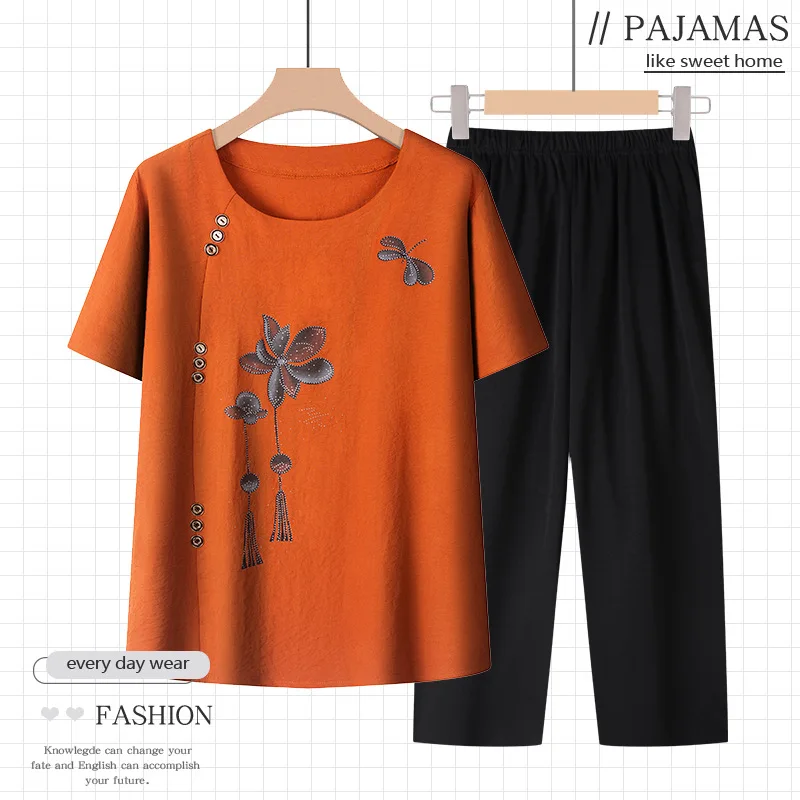 Grandma Summer Pajama Sets Round Collar Home Wear Thin Pijama Feminino Short sleeve Sleepwear T-shirt Women Pyjama Pour Femme