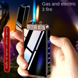 2024 New Gas Electric 3 Fire Windproof Lighter Flashlight Jet Dual Plasma Arc Lighter Gas Electric Butane Rechargeable Lighter