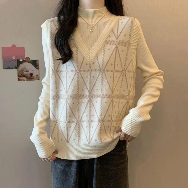 Fake Two Piece Jacquard Knitted Sweaters For Women Spring Autumn Loose Pullover Sweater Female High Turtleneck Knitted Jumper